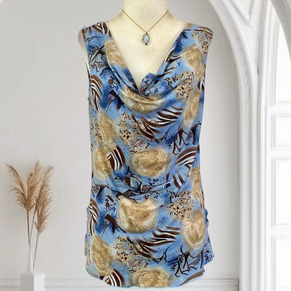 Early 2000’s Fairy Grunge Blue Tan Cowl Neck Flowy Vintage Made in USA Top XXL - Picture 1 of 8